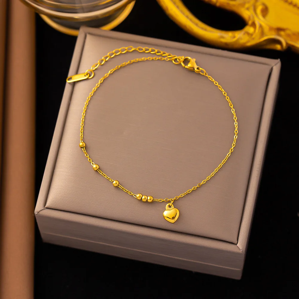 316L Stainless Steel Simplicity Mini Love Heart Shaped Bead Anklet Ladies Fashion Trend High Jewelry Beach Accessorie