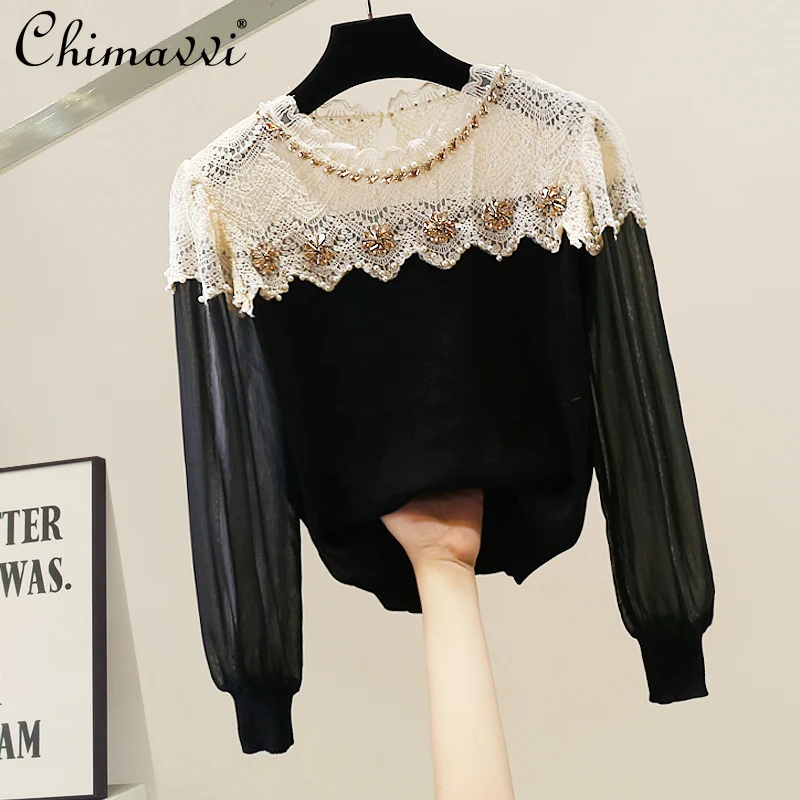 

Корейская мода, тяжелая кружевная рубашка с длинными рукавами и бисером, осенняя новая свободная женская темпераментная блузка, женский топ