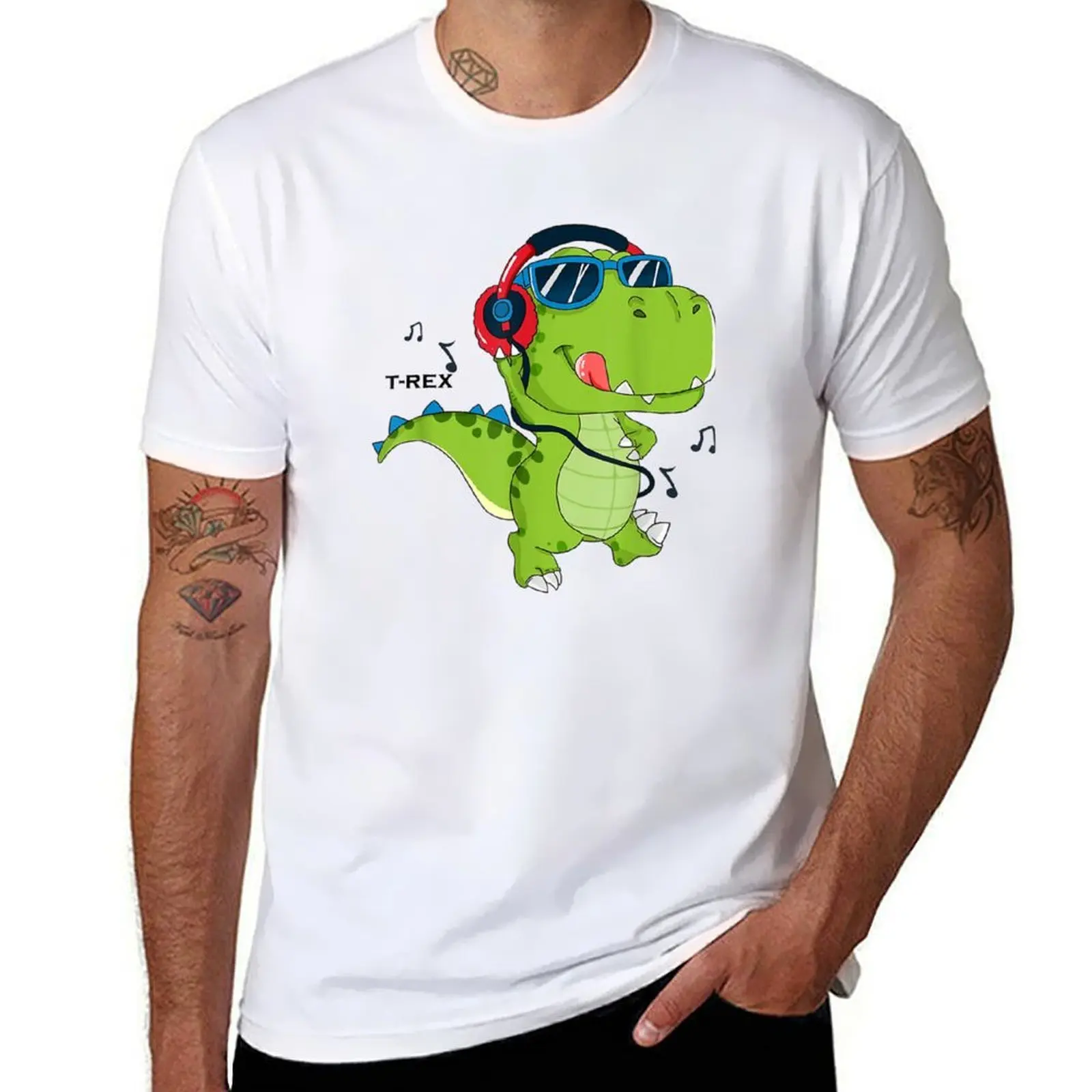 

Dinosaur Trex With Headphones Listening To Music T-Shirt t shirts for man slim fit cotton t shirts high quality T-Shirt