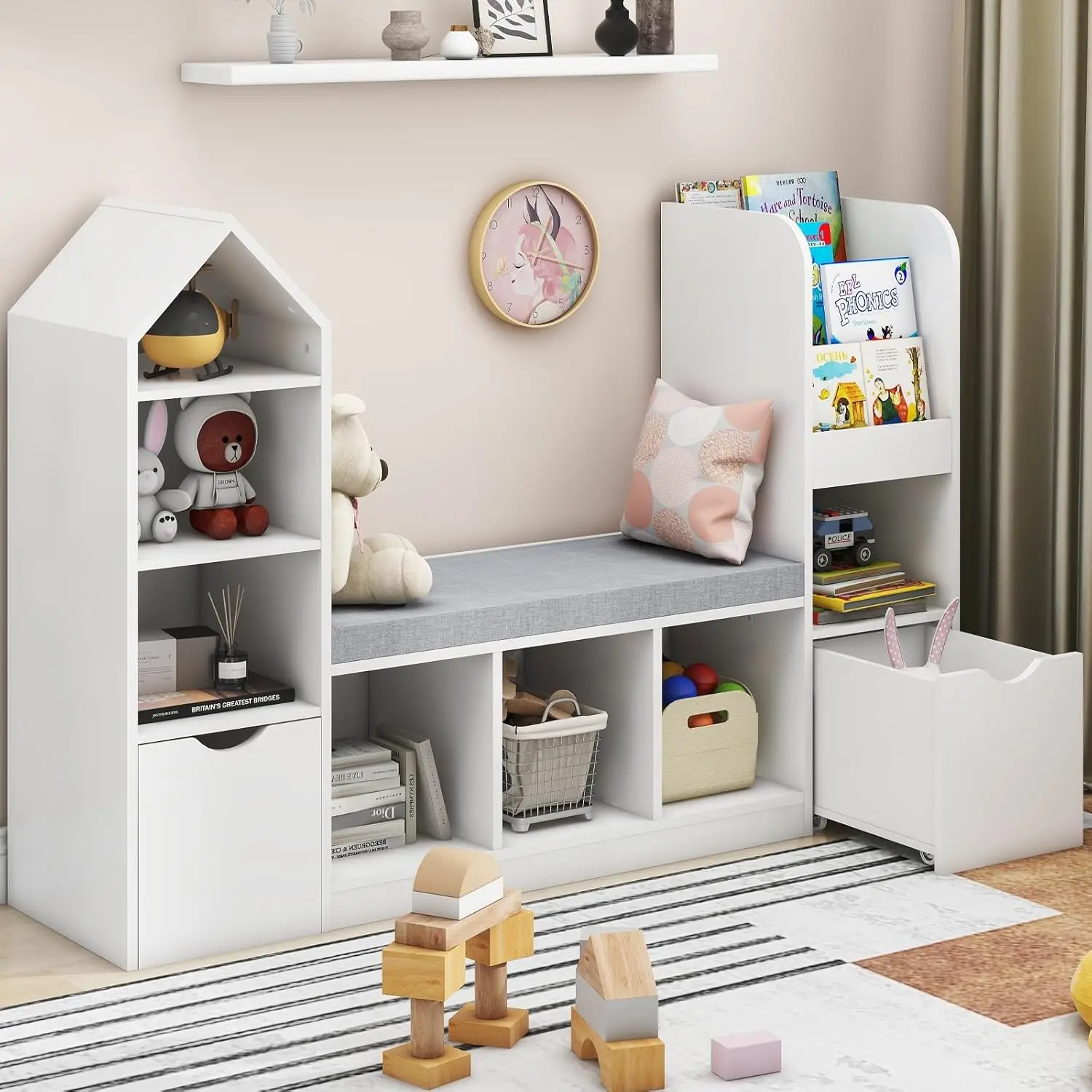 Bibliothèque pour enfants avec coin de lecture, bibliothèque avec 7 rangements, 2 égouts à proximité mobile, bibliothèque avec coussin de siège pour jouet