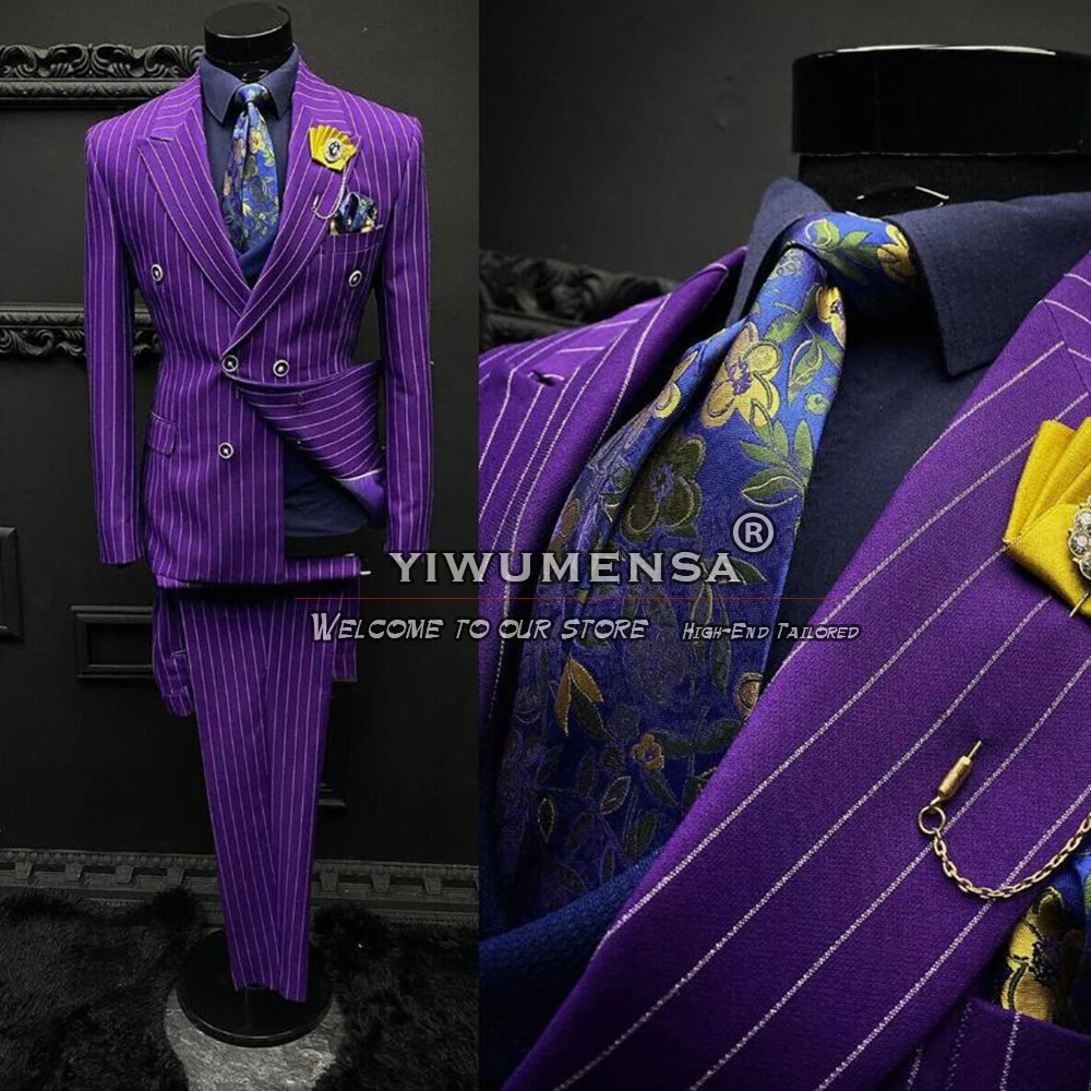 Purple Pinstripes Suit Men Slim Fit Peak Lapel Groom Wedding Tuxedos 2PCS Sets Elegant Male Clothes Prom Blazer Trajes De Hombre