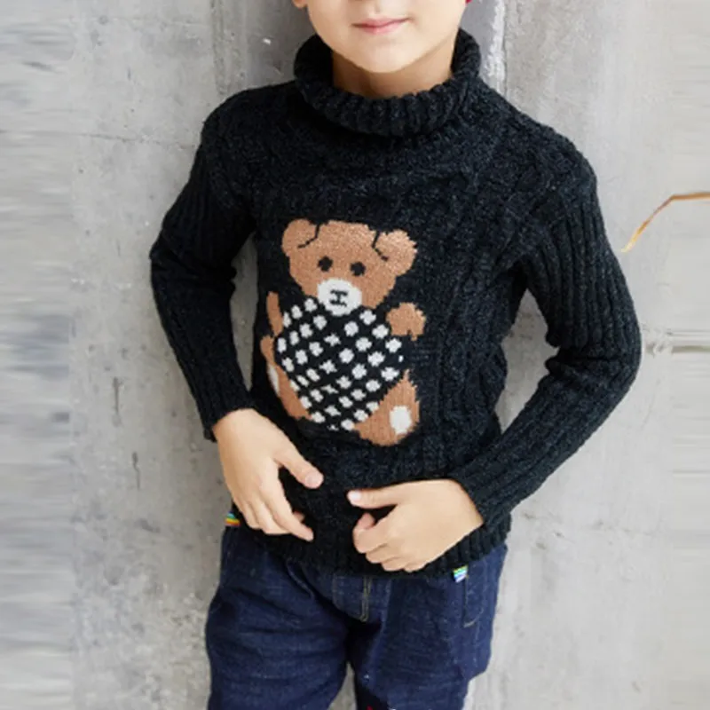 Autumn Winter Warm Sweater for Boys Girls Cute Cartoon Bear Pullover Children Turtleneck Knitted Sweater Kids Clothing Tops