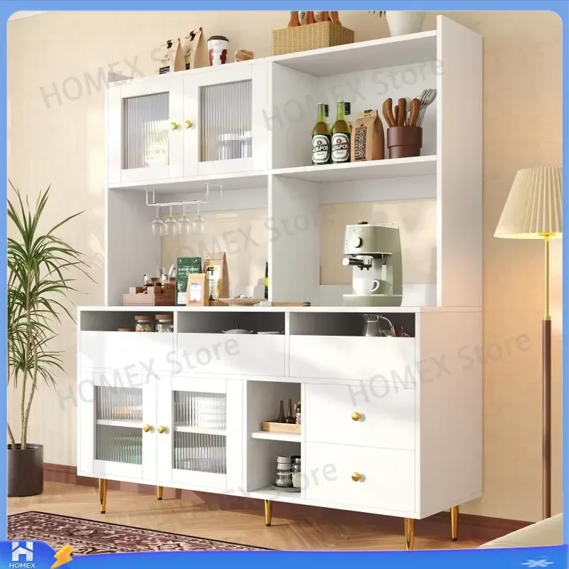 145cm Modern White Gold Storage Cabinet with Changhong Glass Door Built-in Wine Rack Multi-layer Shelves 60kg Load MDF Metal