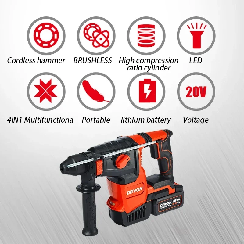 Devon Heavy Duty 5402 Cordless Rotary Hammer Drill Brushless 20v Impact 2.6J 980rpm 4350ipm Universal Flex Battery Platform