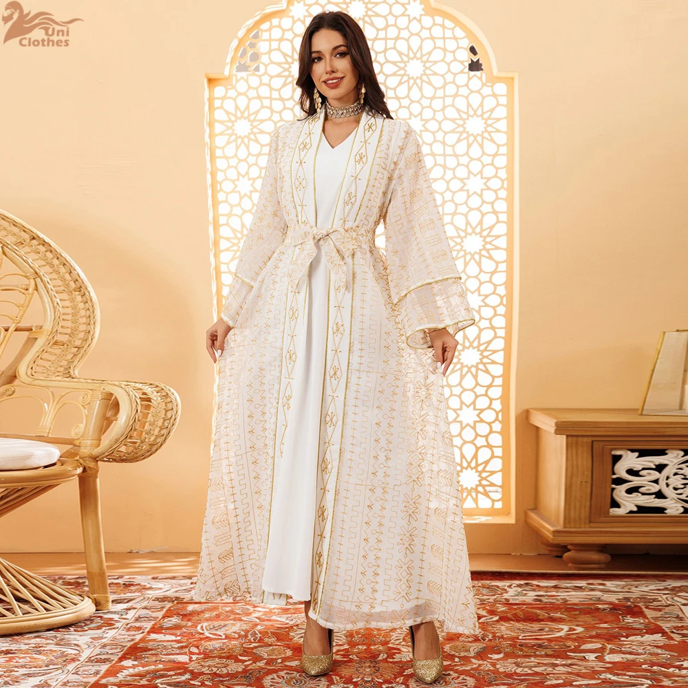 Uni Ramadan Muslim Mesh Stripe Embroidery Abaya Two Piece Set Dubai Stylish Maxi Dress Belt included Double-Layer Sleeve