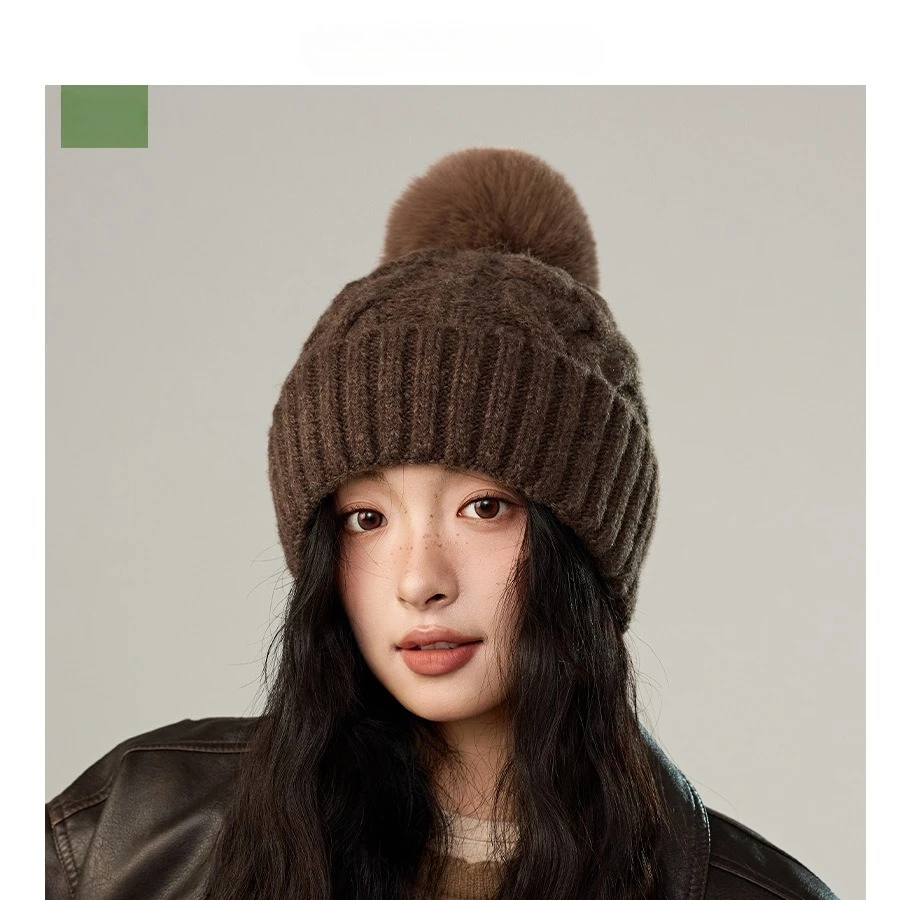 Women's Cable Knit Beanie with Oversized Pom Pom Autumn Winter Warm Chunky Ribbed Hat Cute Fluffy Folded Cuff Knitted Cap view 4