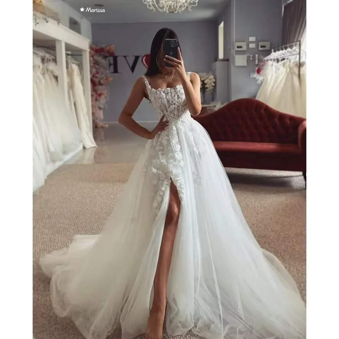 

Marissa Lace Print Evening Dresses Wedding Party Dress Custom Made A-line Side Slit Off-shoulder Suspender Strap Ball Gowns Prom