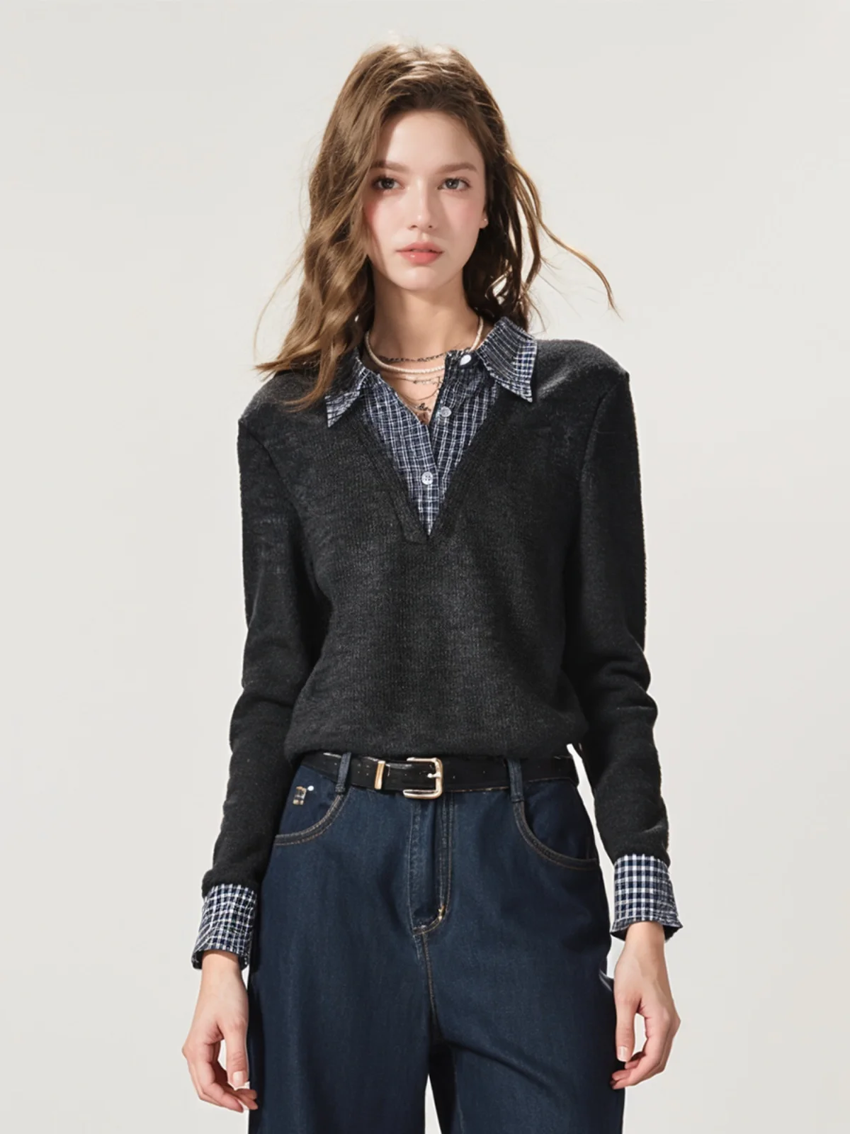 

Женский трикотажный топ Ne, весна 2023, новинка Sle, клетчатый многослойный топ, повседневный свободный крой, длинный све, полиэстер, Vi...