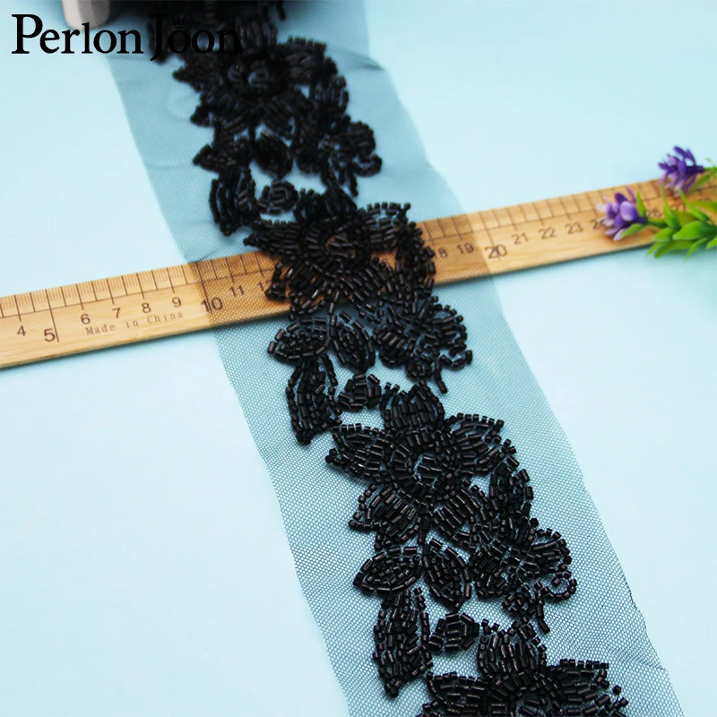 5 Yards Black Flower Shape Glass Bead Mesh Lace Imitation Handmade Trim DIY Sew Decorated for Belt Craft Dress Clothing HB095