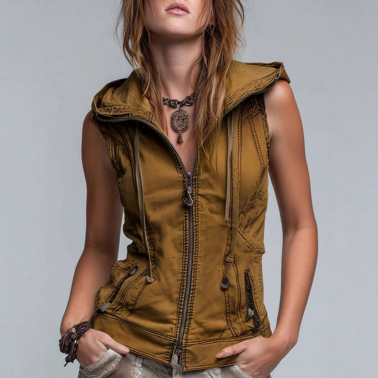 

2026 New Fashion Zipper Cardigan Sweater Woman Sleeveless Hooded Vest Jacket Vintage Waistcoat Streetwear Vest Hoodies