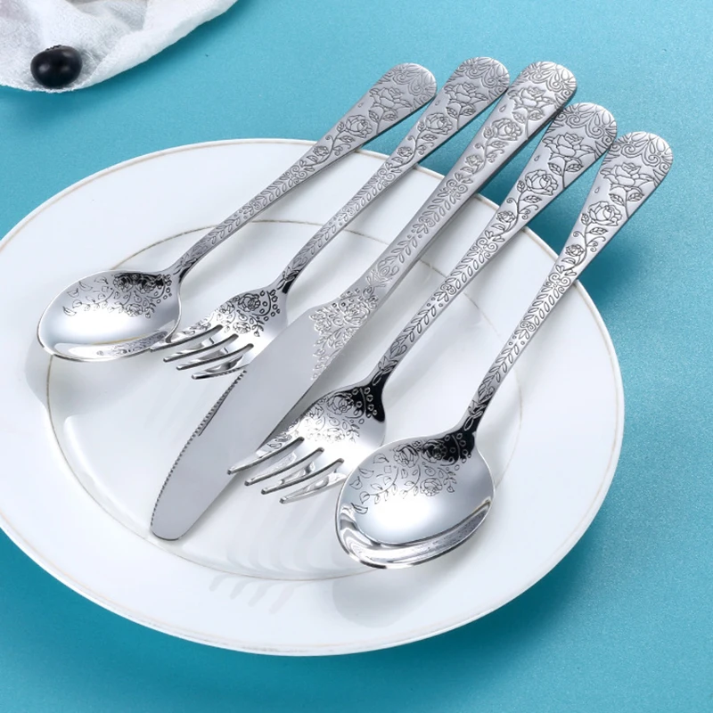 High Quality Cutlery Set Handle Exquisite carving Stainless Steel Golden Tableware Knife Fork Spoon Flatware Set Silverware Set