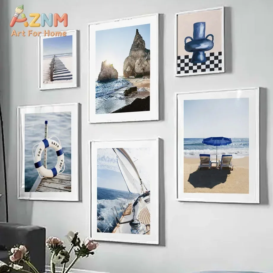 AZNM Mediterranean Coastal Ocean Scenery Canvas Wall Art Sailboat Beach Rock Lifebuoy Vase Print Nautical Style Home Living Room