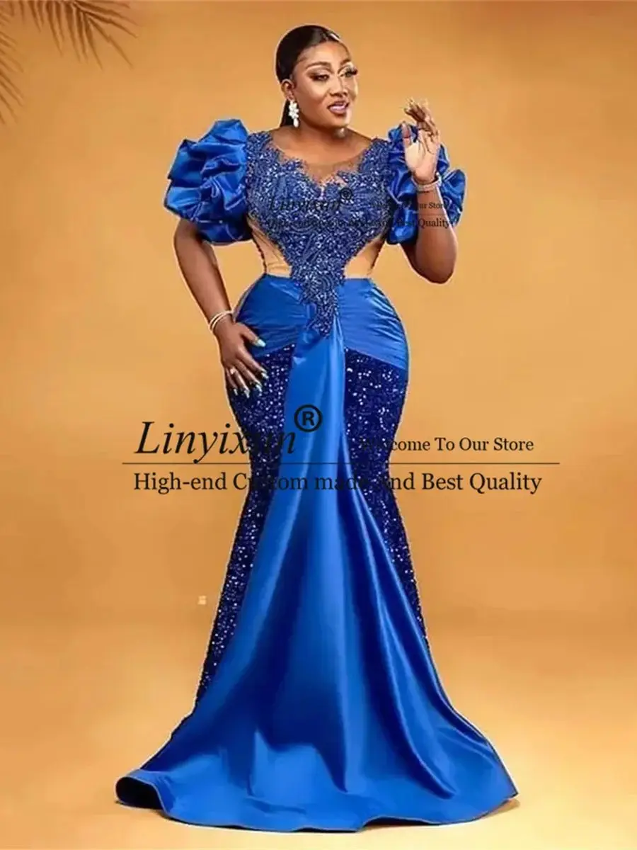 Aso Ebi African Royal Blue Prom Dresses Sequins Beaded Ruffle Mermaid Evening Dress Long Luxury Bead Formal Gowns Robe De Soiree