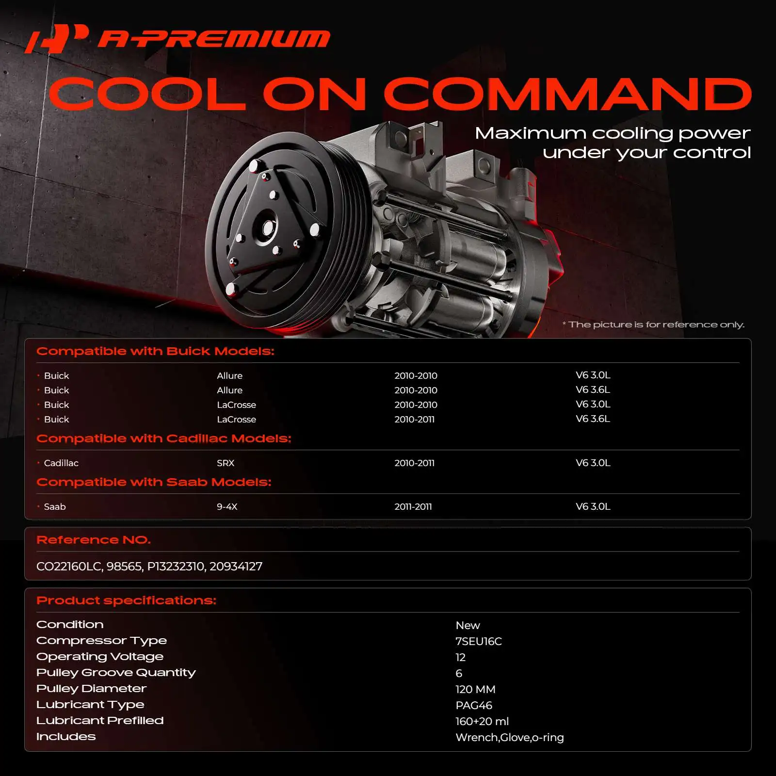 A-Premium AC Compressor with 7SEU16C Style for Buick LaCrosse 2010-2011 Allure 2010 Cadillac SRX 2010-2011 Saab 9-4X 2011