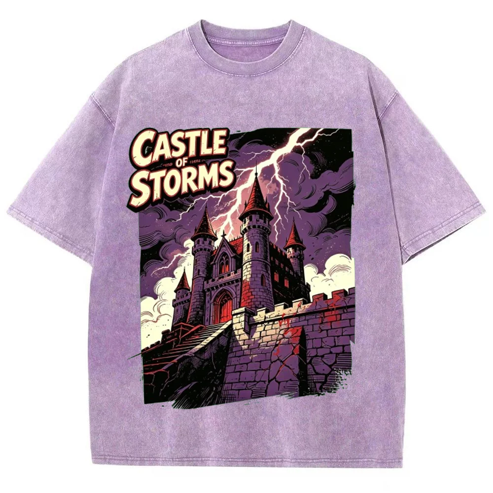 Women Vintage Gothic Graphic T Shirt Castle Of Storms Lightning Castle Print Casual Streetwear Short Sleeve Top
