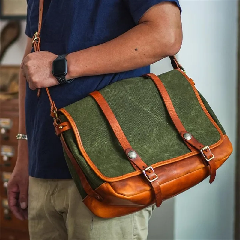 Organizers handmade high-quality canvas genuine leather men's green messenger bag vintage designer outdoor work shoulder bag