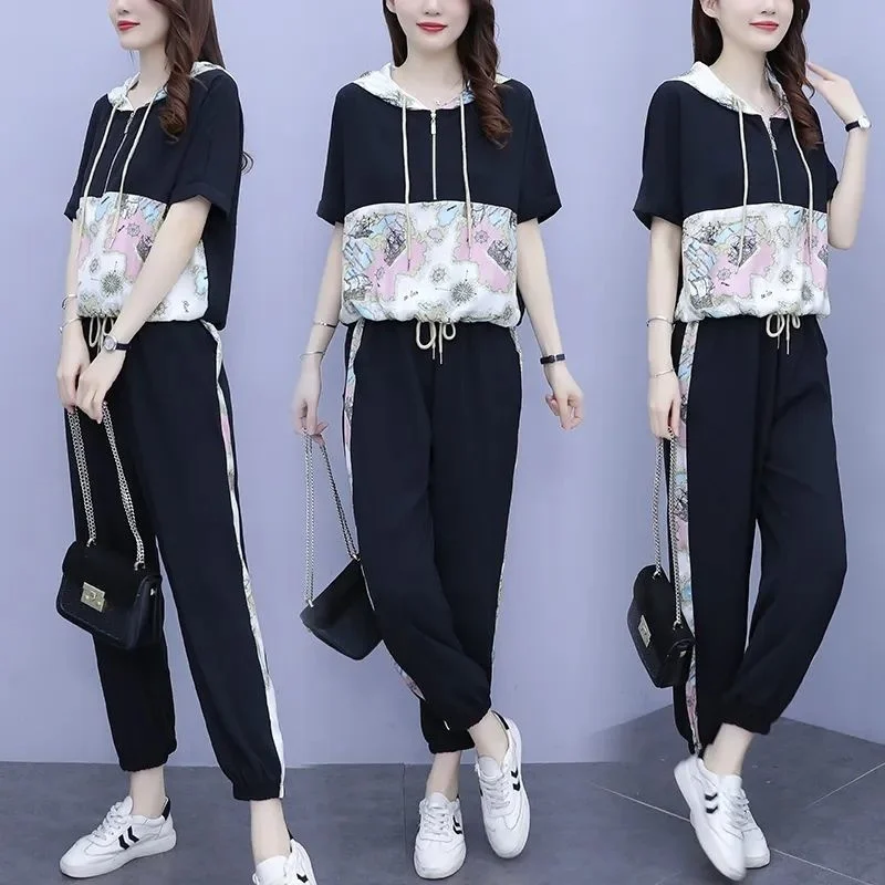 2024 Summer New Fashion Suit Female Korean Casual Loose Short Sleeve Hooded T-shirt Tops Straight Pants Two Piece Set For Women