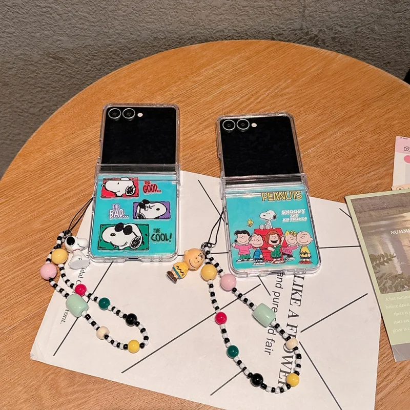 

Cute Cartoon Funny Snoopy friend Charlie Brown Folding Clear Phone Case For Samsung ZFlip 5 6 ZFlip 7 FE Cute Snoopy laser Cover