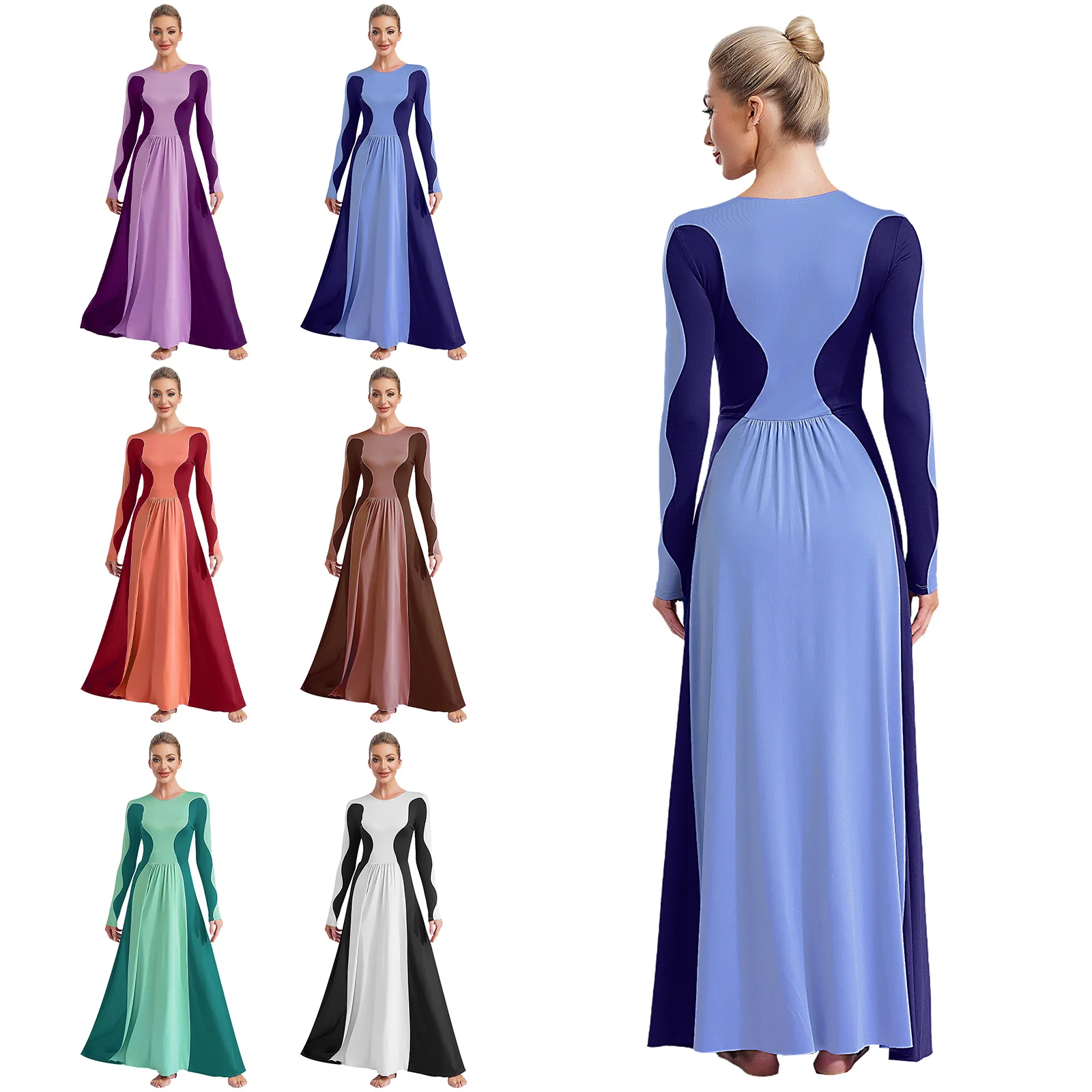 Womens Long Sleeve Praise Liturgical Dance Dress Choir Performance Costume Color Block Patchwork Worship Dancewear Ceremony Wear