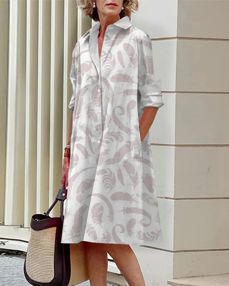 Women's Long-Sleeved Shirt Dress Elegant Lapel Knee-Length Skirt Feather Print Stylish Breathable Comfortable Spring/Summer