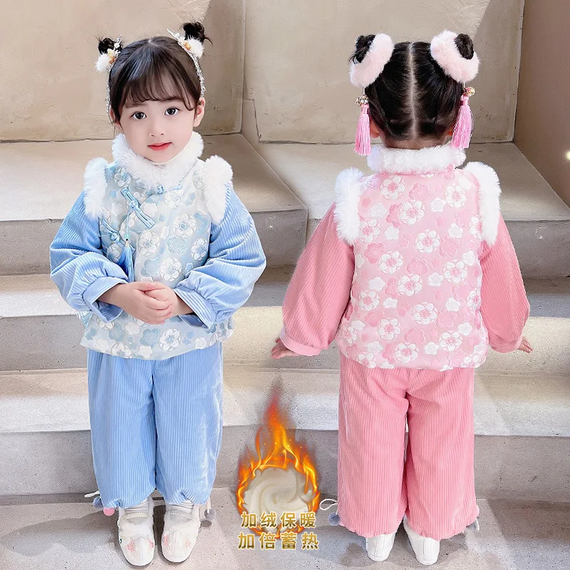 Winter Meisjes Nieuwe Jaar Outfits Chinese Mooie Tang Pak Kinderen Katoen Borduren Kinderen Traditionele Dikke En Gewatteerde