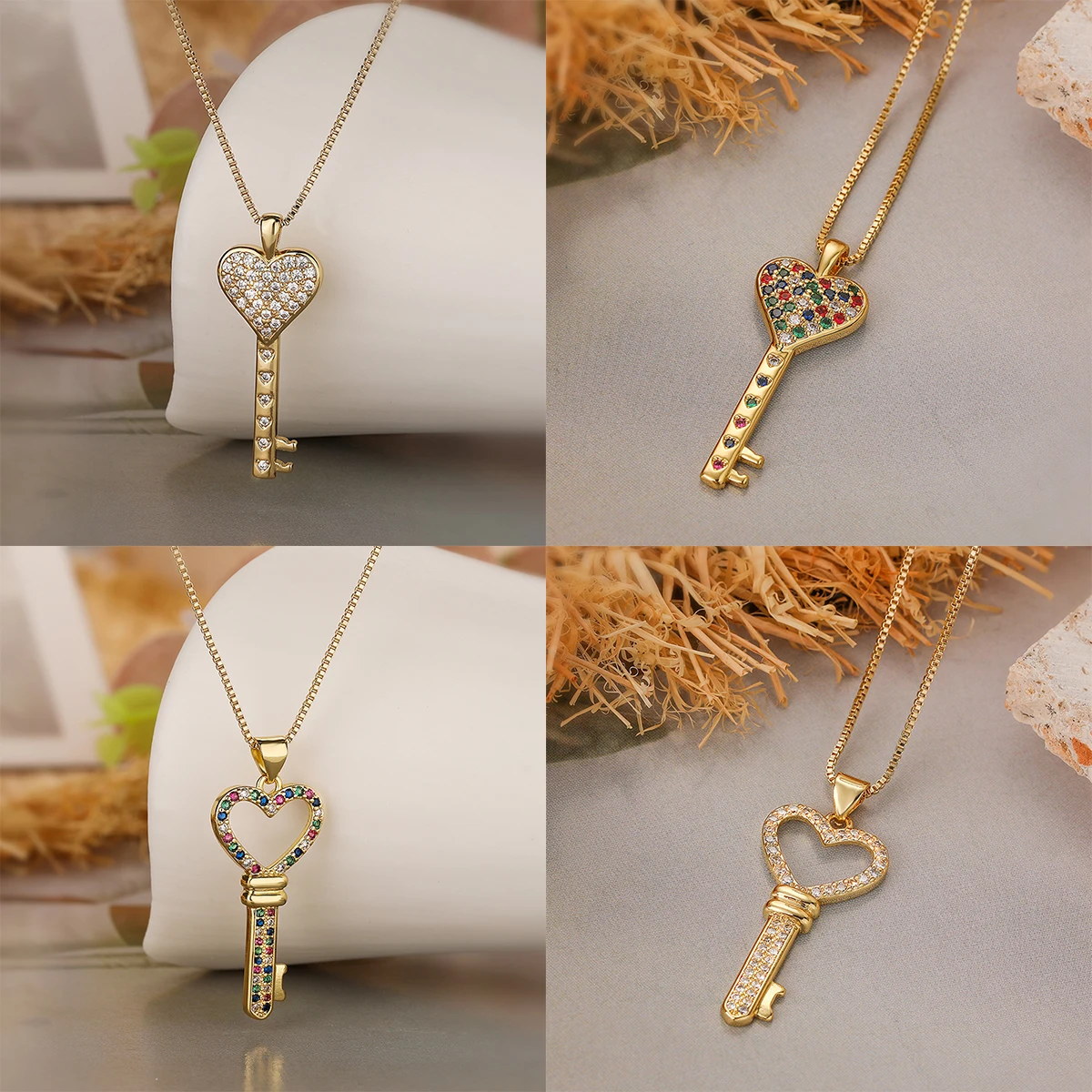 Classical Key Pendant Necklaces For Women Girls,Stainless Steel Chain Cubic Zirconia Accessories Party Daily Jewelry