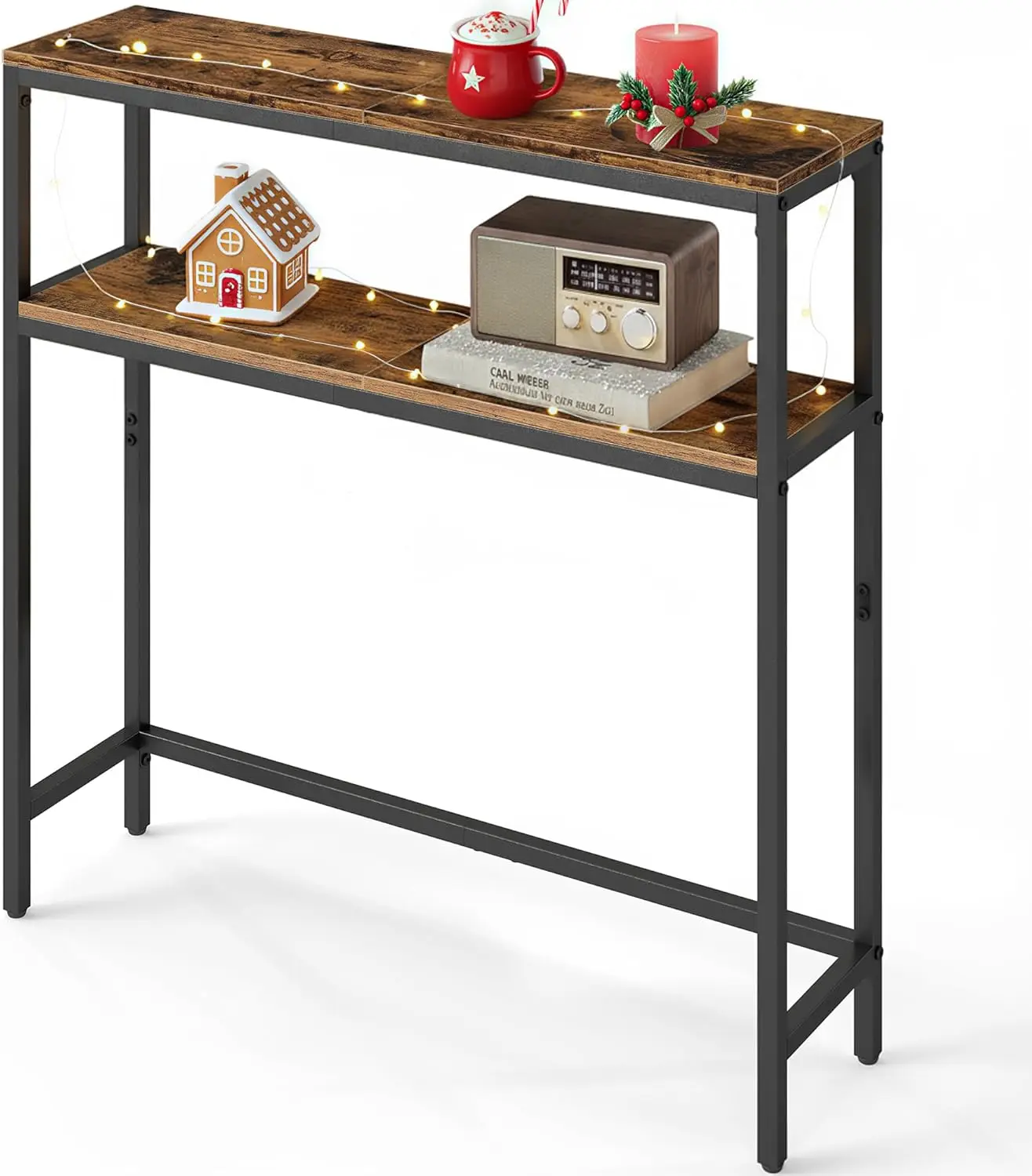 

2-уровневый узкий консольный столик с полками, коричнево-черная отделка в деревенском стиле, компактный размер для гостиной или прихожей