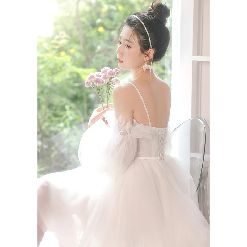 Białe Krótkie Suknie Ślubne Bez Ramiączek Trapezowe Suknie Ślubne Bufiaste Rękawy Suknie na Bal Suknie Formalne Eleganckie Sukienki Wieczorowe Damskie