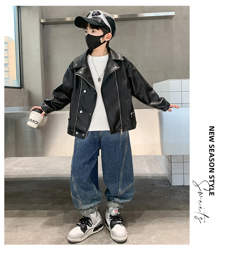 Elegante Kinder-Lederjacke für Teenager-Jungen im koreanischen Stil, schmal geschnittener PU-Ledermantel mit Reißverschluss, modische Frühlingskleidung für Kinder. – Detail 3