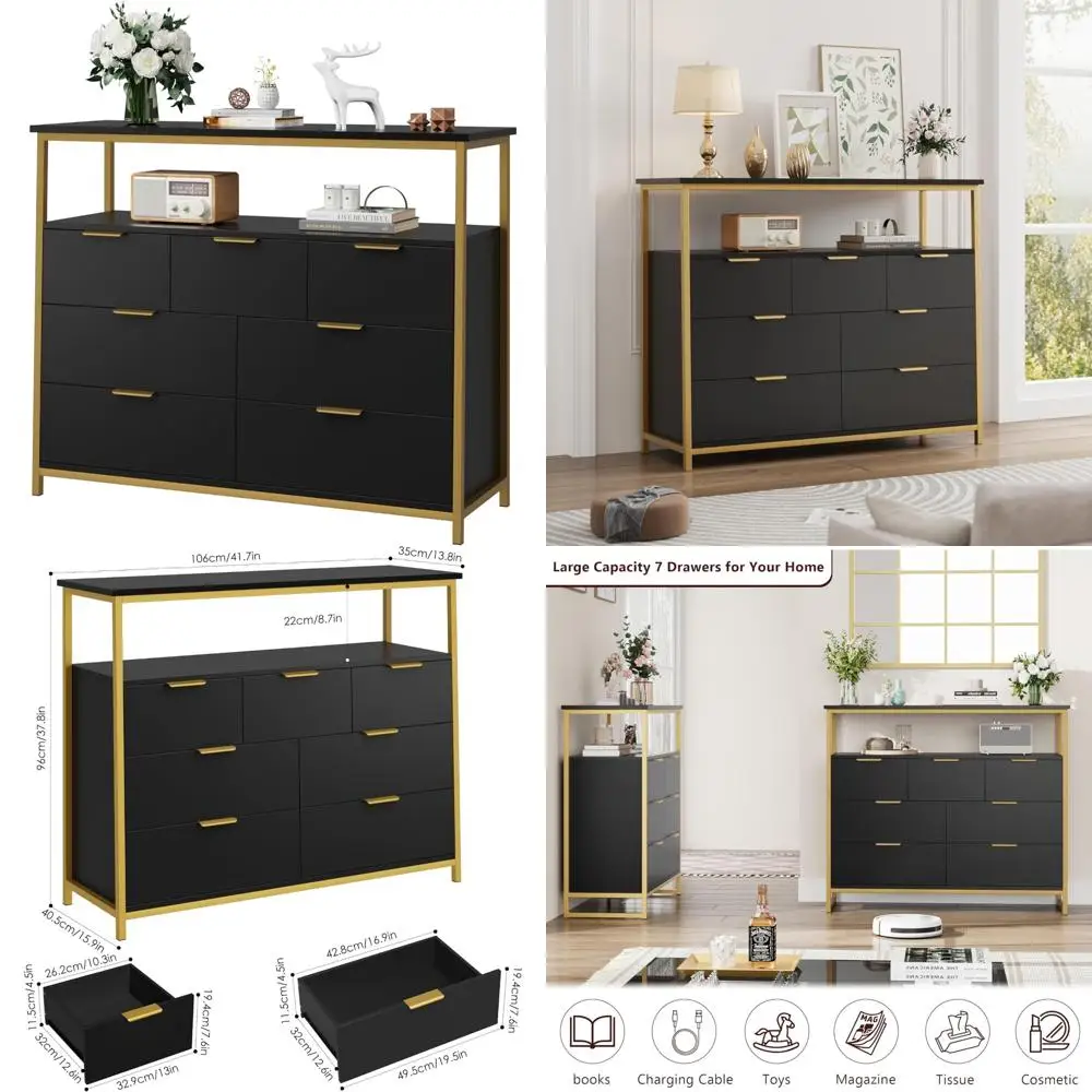 خزانة سوداء واسعة ذات 7 أدراج مع مقابض معدنية حديثة لتخزين كافية
