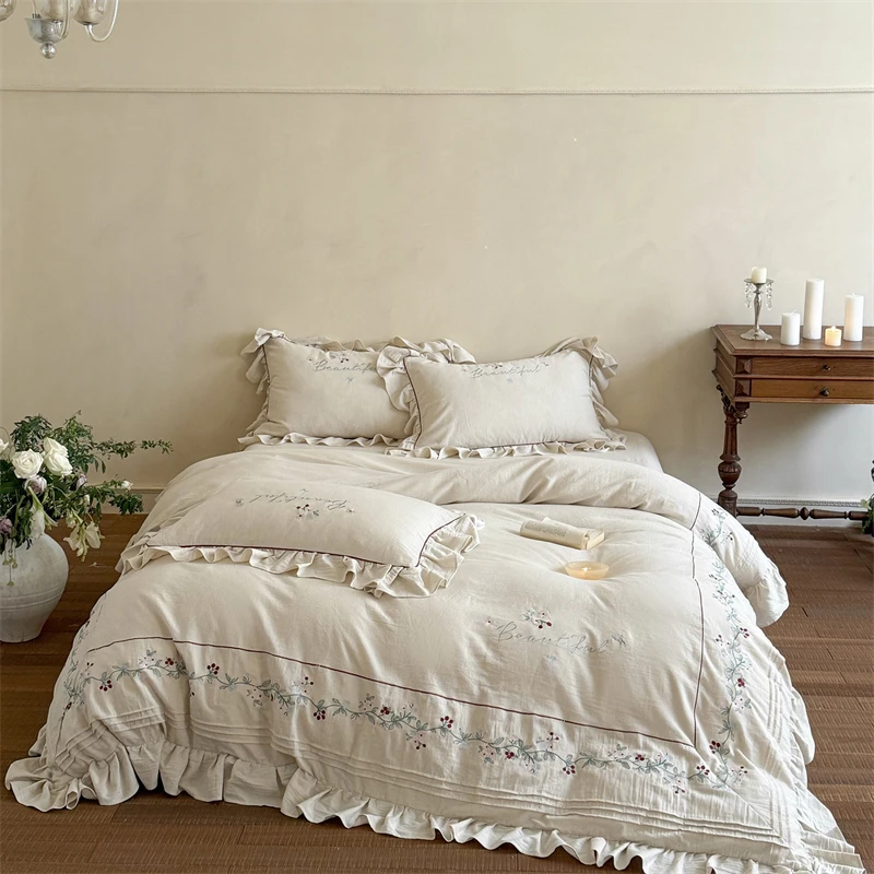 Vintage Farmhouse Cotton Linen Bedding Set Flower Embroidery Ruffled Trim Duvet Cover with Pillowcases Cozy Breathable Bed Linen