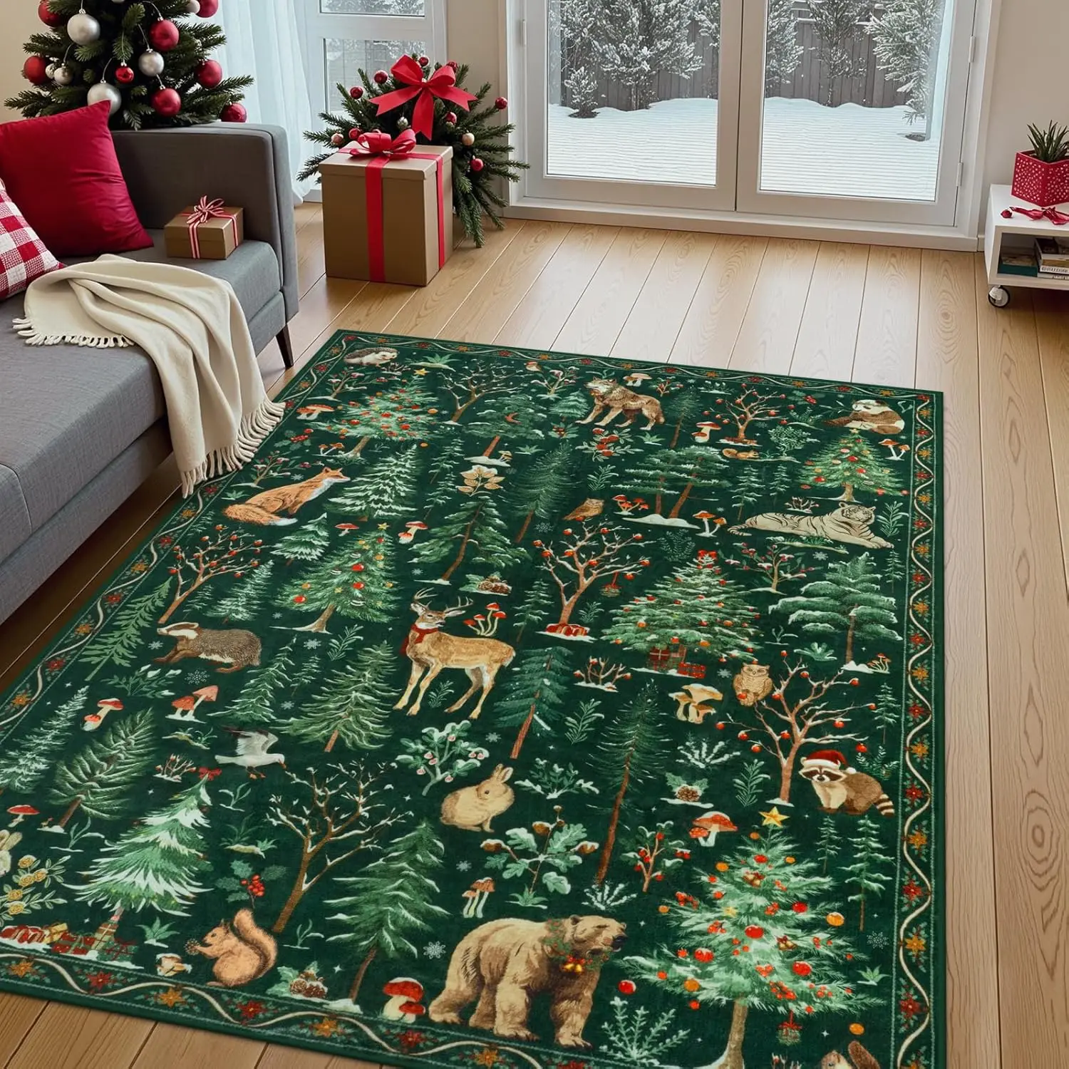 Green Animal Bedroom Carpet Ultra-Thin Non-Slip Nursery Rug, Xmas Holiday Rug Indoor Carpet for Kids Playroom Entryway Dining