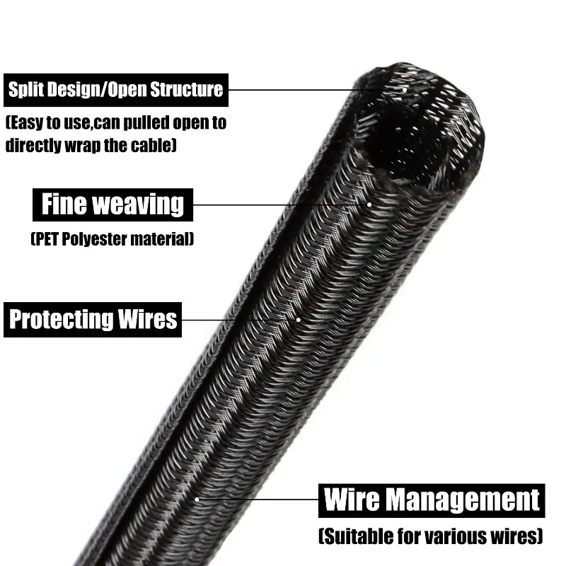 2/5/8/10M PET Braided Cable Sleeve, 3-50mm Expandable Self-closing Wire Wrap for Auto Wire Protection