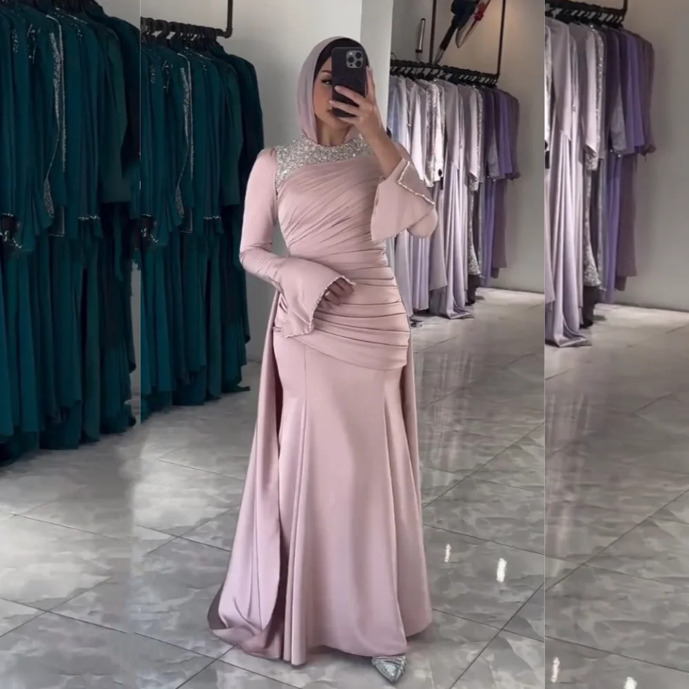 

Customized Charmeuse Pleat Rhinestone High Collar Trumpet Long Dresses Bespoke Occasion Sparkle Women Luxury Evening Party