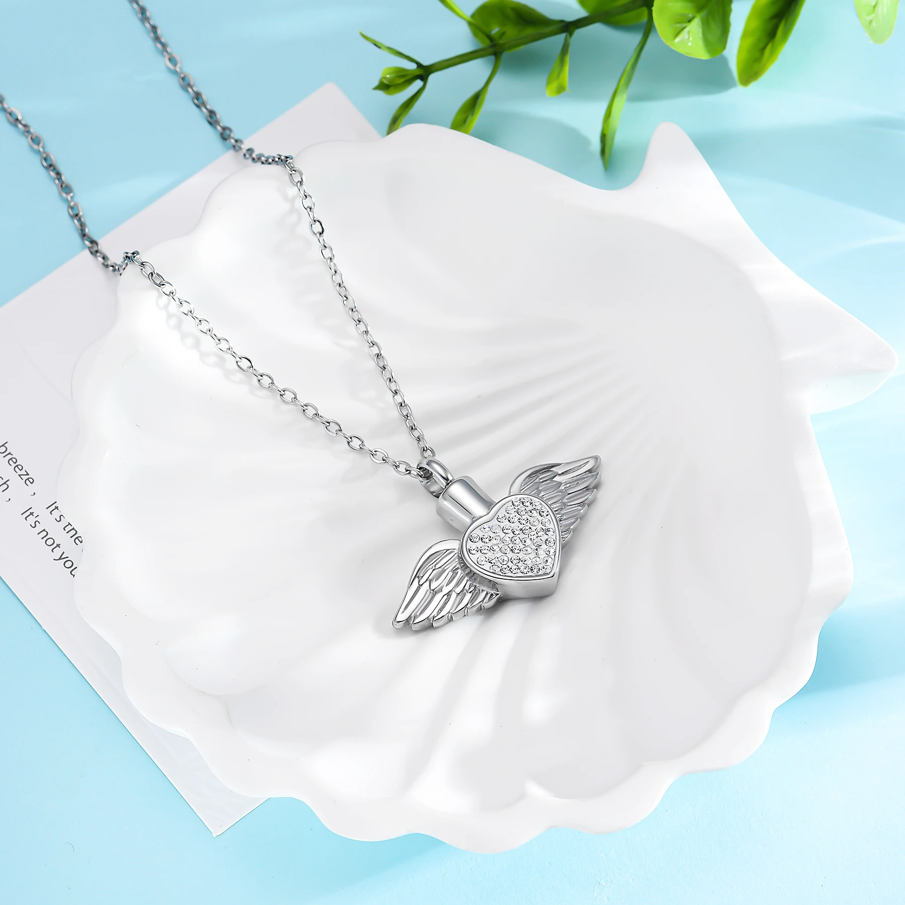 Stainless Steel Rhinestone Heart&Angel Wing Memorial Urn Necklace Pendant Women Keepsake jewelry for ashes cremation