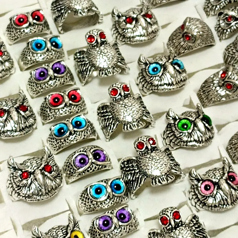 Wholesale 20/50Pcs All Owl Assorted Styles Eye Rings Resale Hot Jewelry Alloy Metal