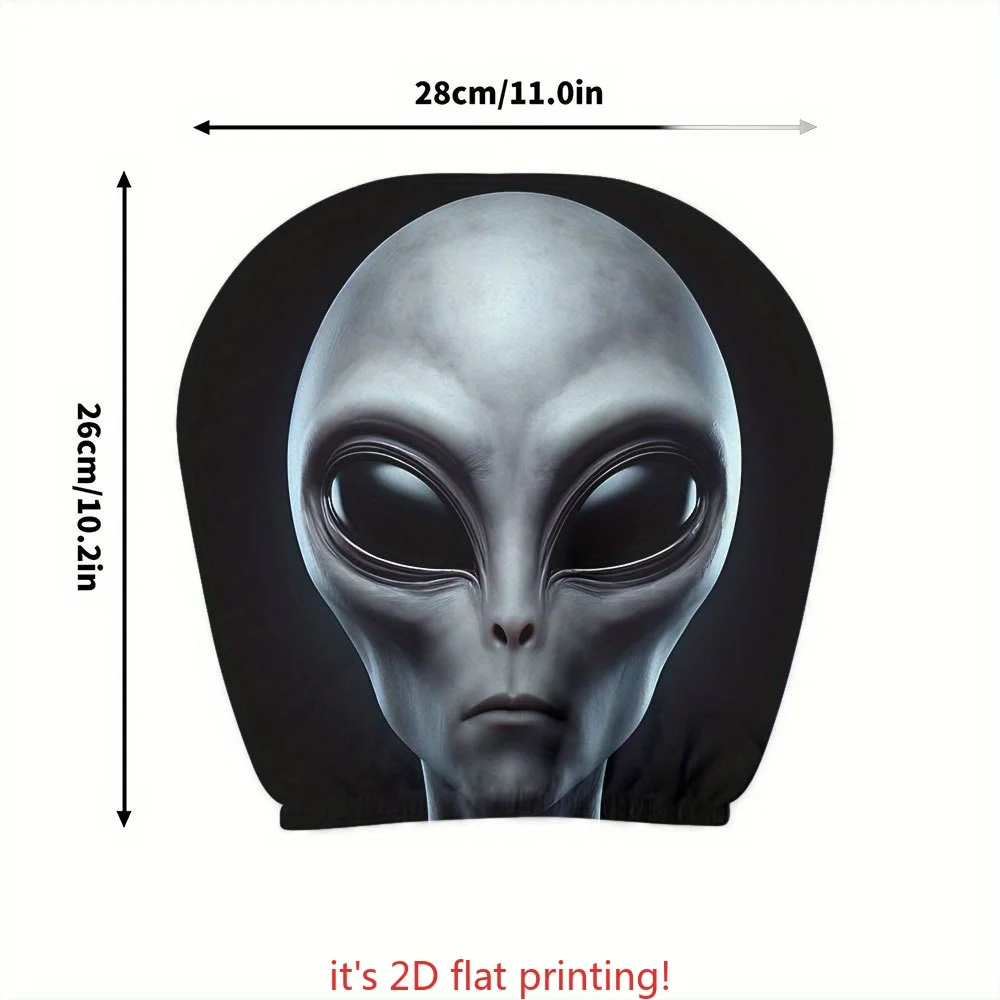 Set Of 2 Car Headrest Covers Featuring A Mysterious Gray Alien Design | Made From 100% Polyester, Suitable For All Weather Condi