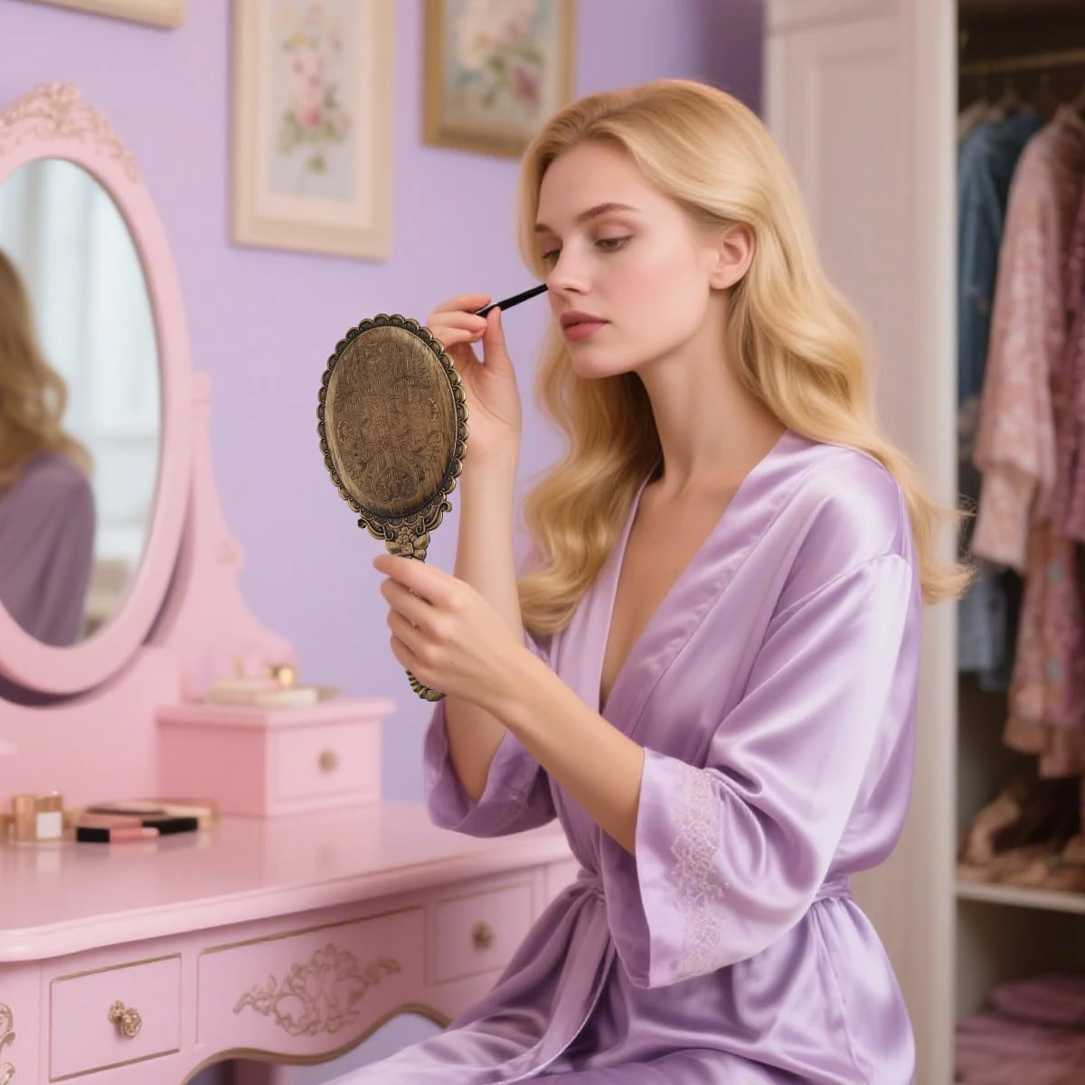 Miroirs à main vintage de voyage 2 pièces compactes portables de forme ovale, avec poignée pour le maquillage, la coiffure, accrochés comme décoration