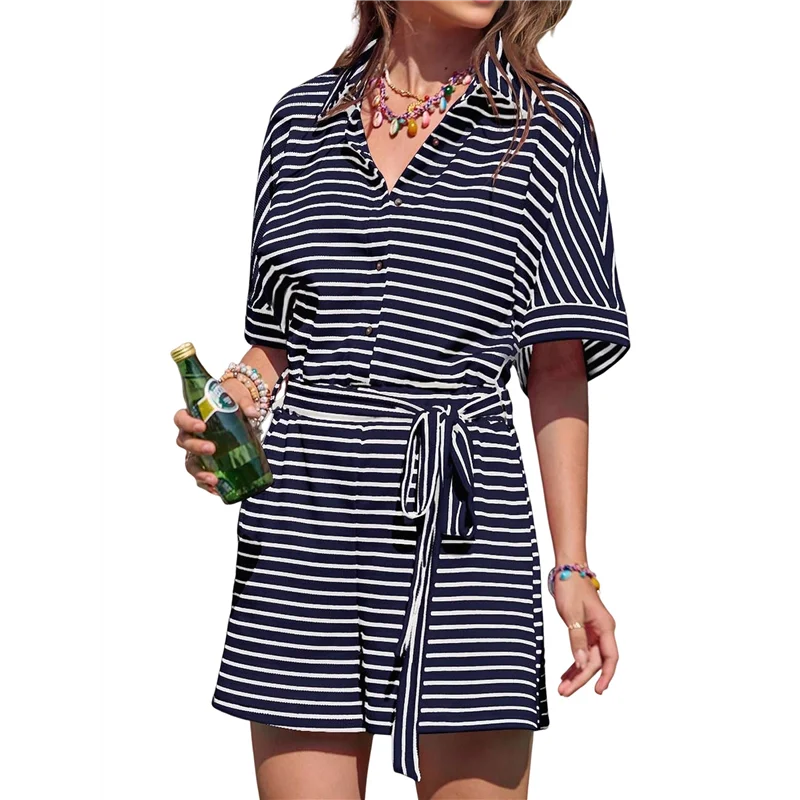 

Womens Summer Casual Striped Rompers Short Sleeve Button Down Belted Elastic Waist Short Jumpsuit-A55G