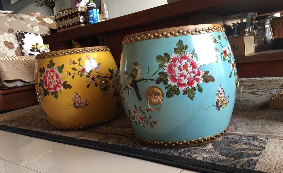 Leather Drum Stool with Chinese Style Stool Retro Low Seat Round Ottoman Hand-Painted Design Solid Wood Embroidery Footstool