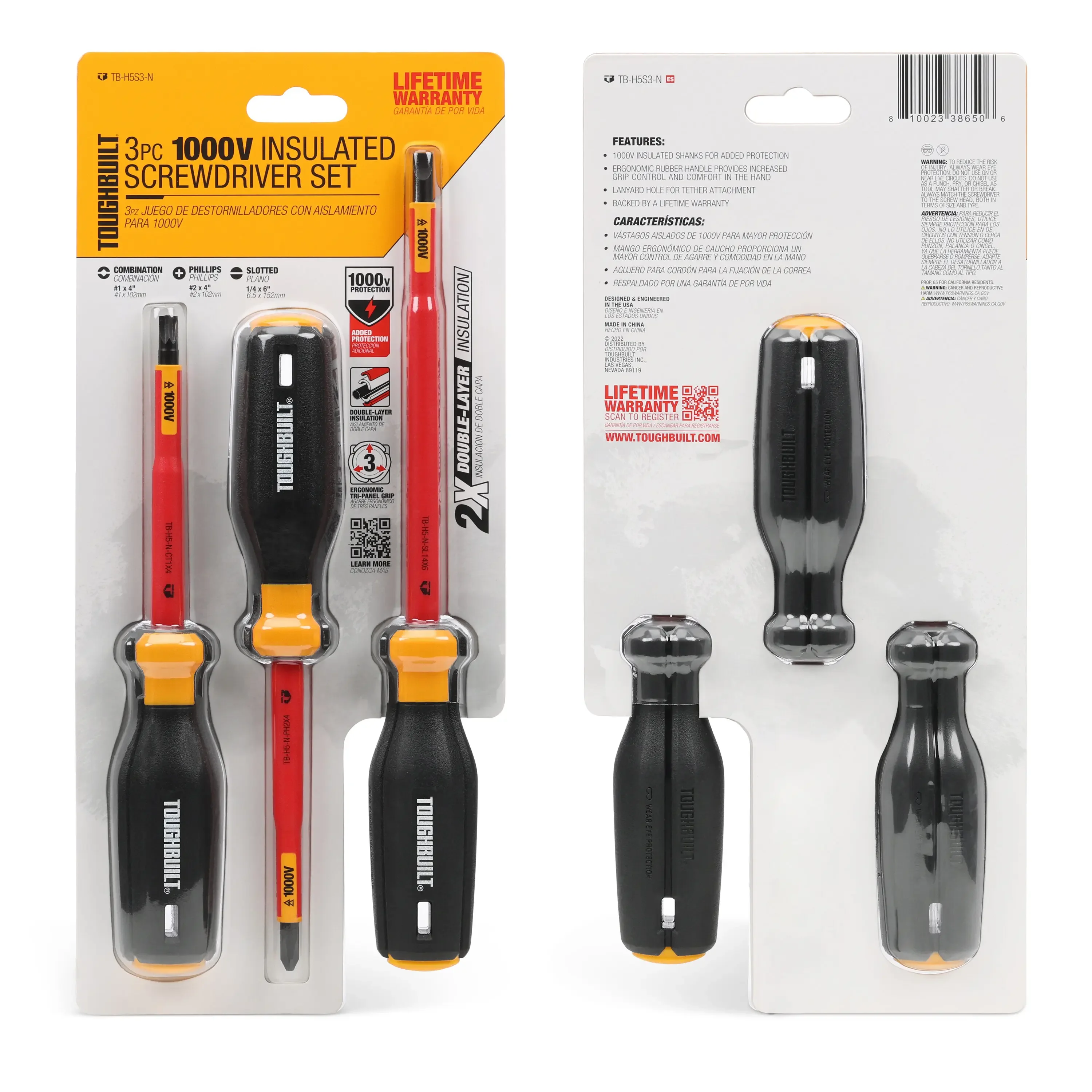 TOUGHBUILT TB-H5S3-N 3pc. 1000V Insulated Screwdriver Set Screw Driver Set Hand Tools