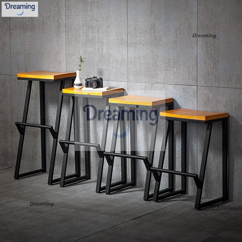Wrought iron bar chair Solid wood coffee Wine bar  Bar stool Modern chair Simple high stool Stool Creative chair foot