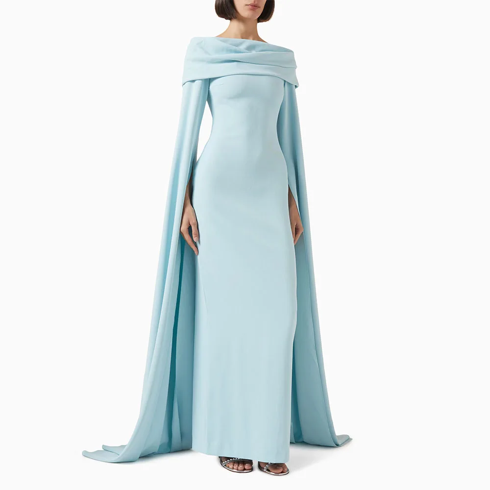 

Customized Prom Dress Column Off the Shoulder Cloak Sleeves Maxi Prom Gowns for Women Back Split Sky Blue Formal Party Dresses