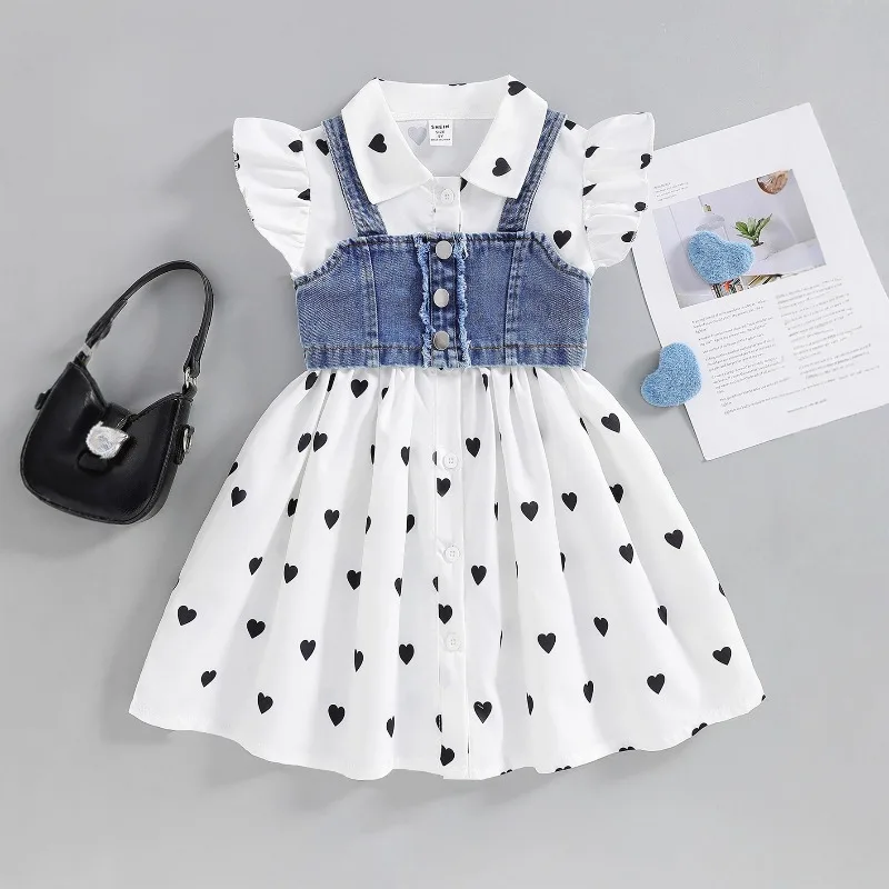 New Style Girls' European and American Style Polka Dot Flutter Sleeve Slip Dress + Frayed Denim Camisole Vest 2-Piece Set