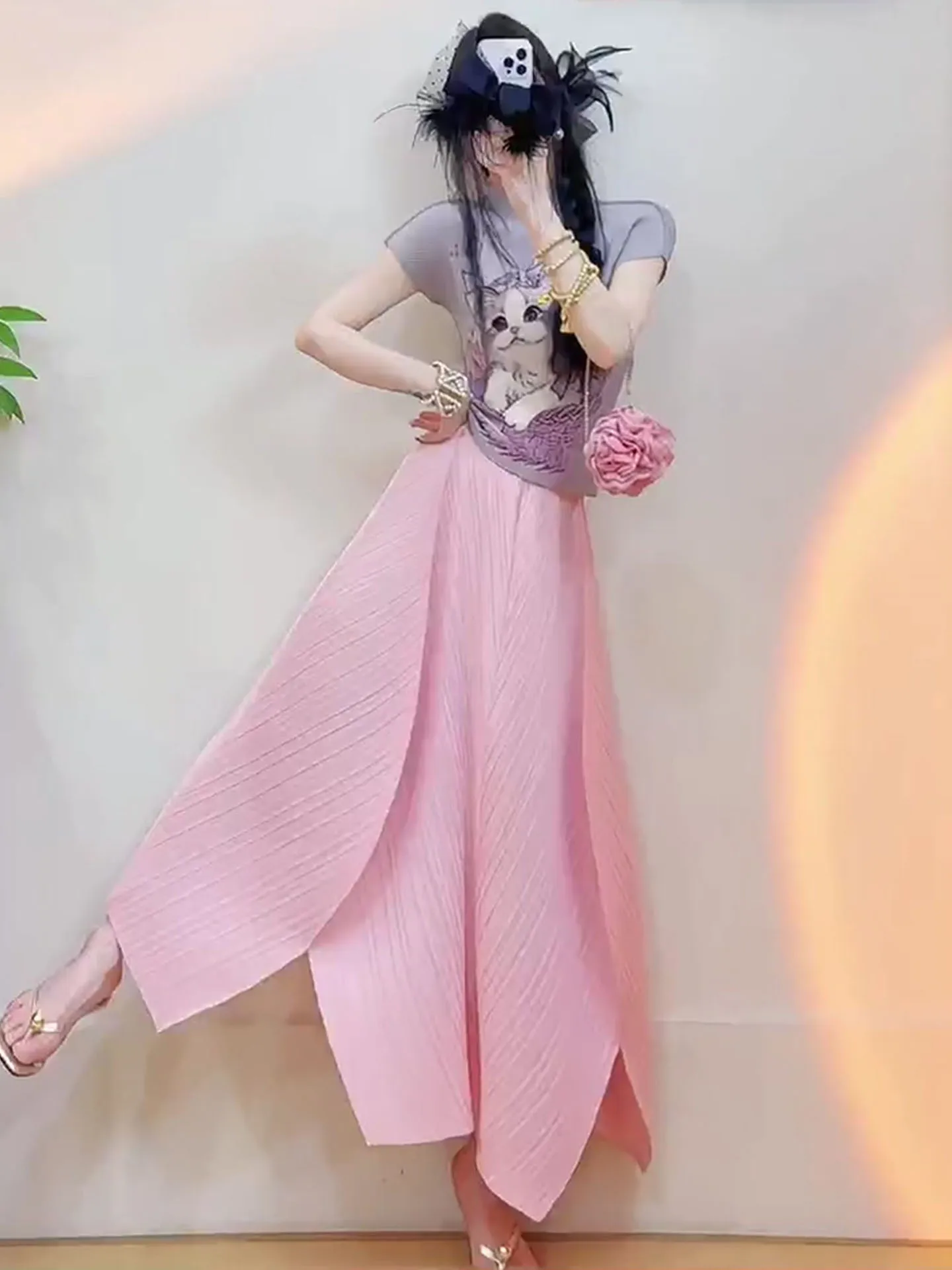 

Summer Purple Pattern Half Skirt Short Sleeve Top Three Houses Style Fashion Set Polyester round Neck Two Pieces Set