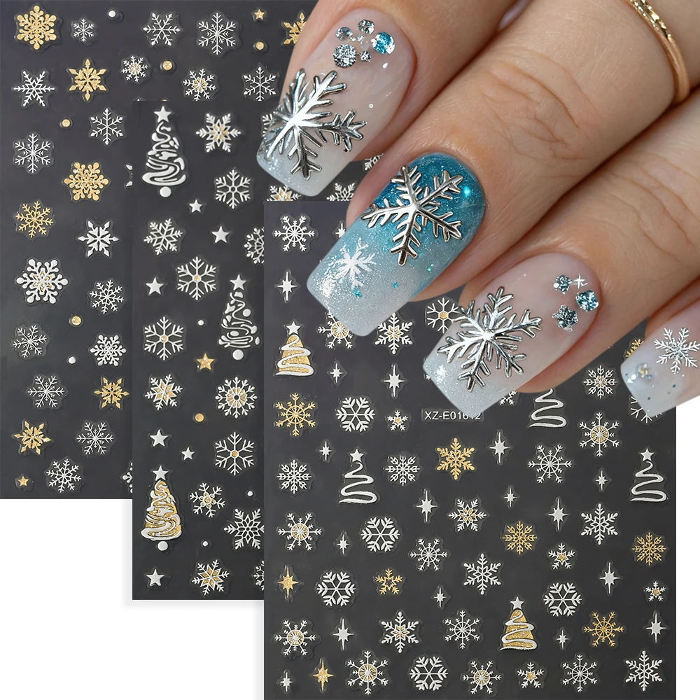 12pcs Multiple Different Style of Snowflake Nail Art Stickers Silver Snowflake with Gold Glitter Nail Decor Festive DIY Manicure