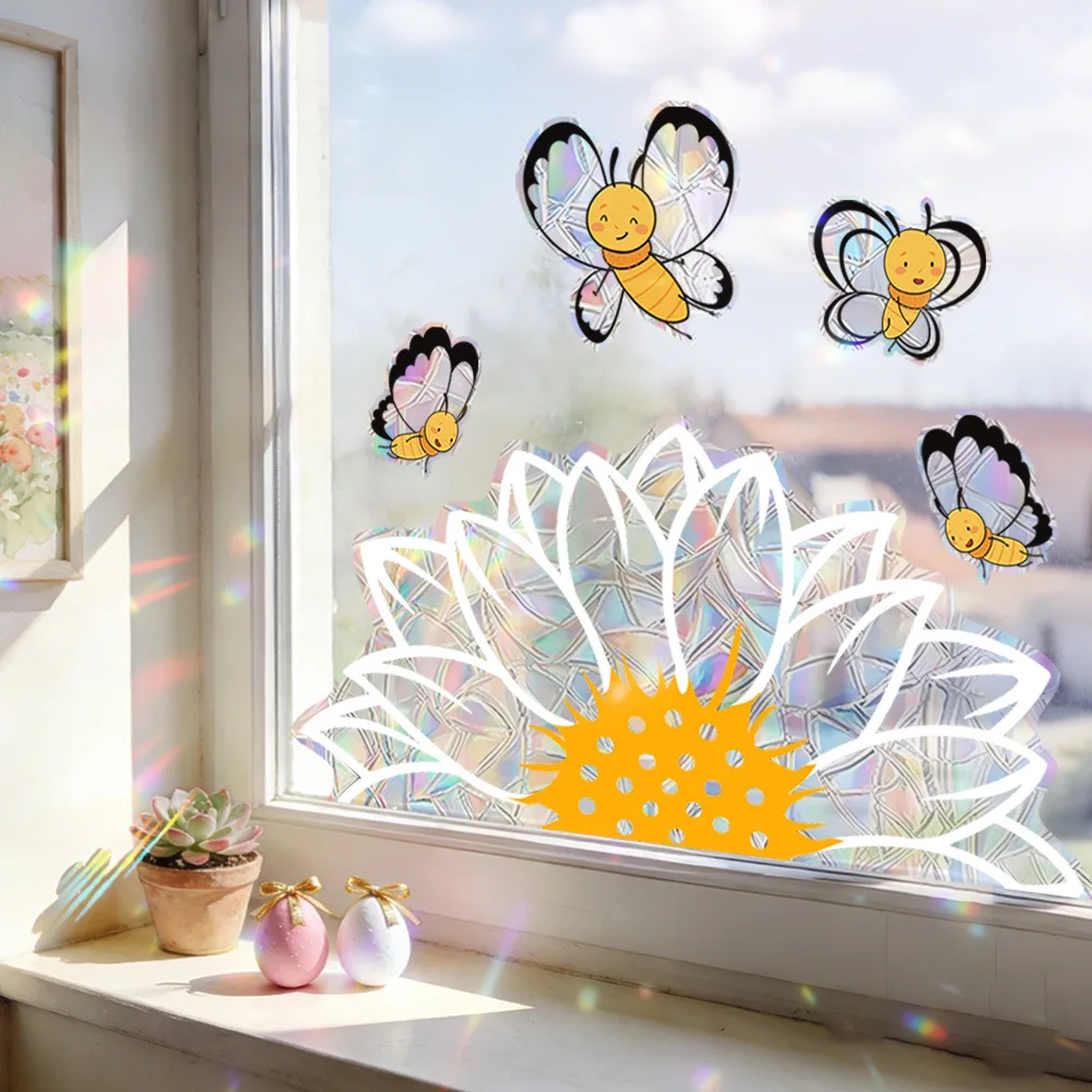 Bunte Sonnenblumen-Bienen-Fensteraufkleber-Set, modische Aufkleber für Glastüren, wiederverwendbare Sonnenfänger-Aufkleber für Wintergärten/Zuhause