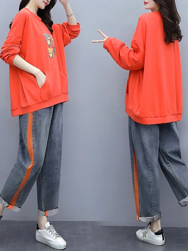 

plus Size Casual Print Top And Jeans Slimming Cover up Two Piece Set for Women Cotton Spring Autumn Faion Ensemble