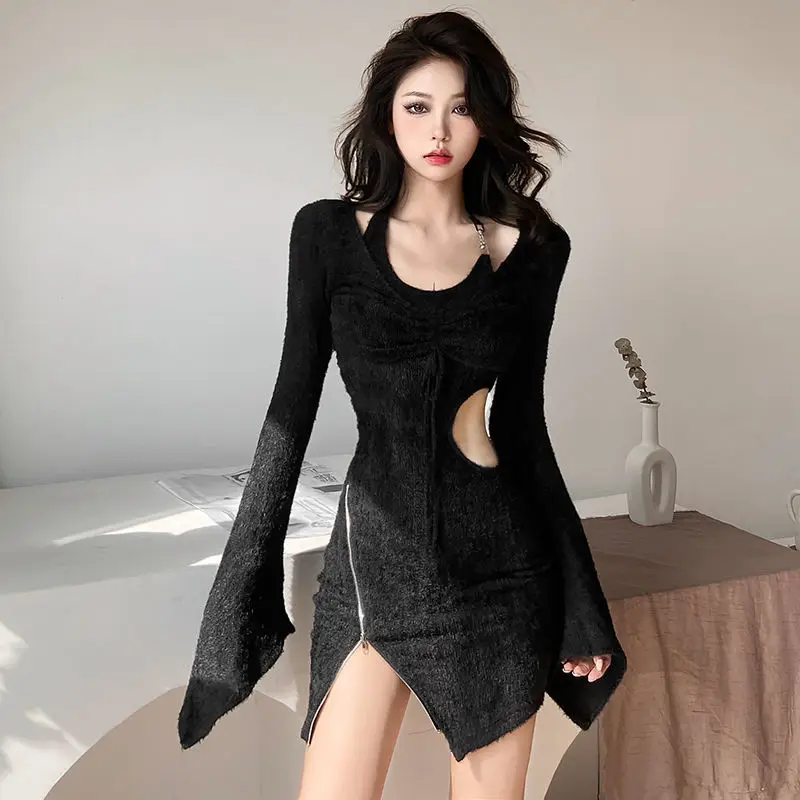 Woman Long Sleeve Dress Night Club Black Hollow Split Dresses for Women Clothes One-piece Cheap Casual Elegant and Beautiful Y2k