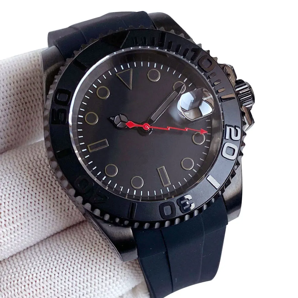 Tandorio Black SUB красная стрелка Водонепроницаемые мужские часы Mechanica NH35AA Механизм 120 ликов безель с изогнутым концом силиконовый ремешок